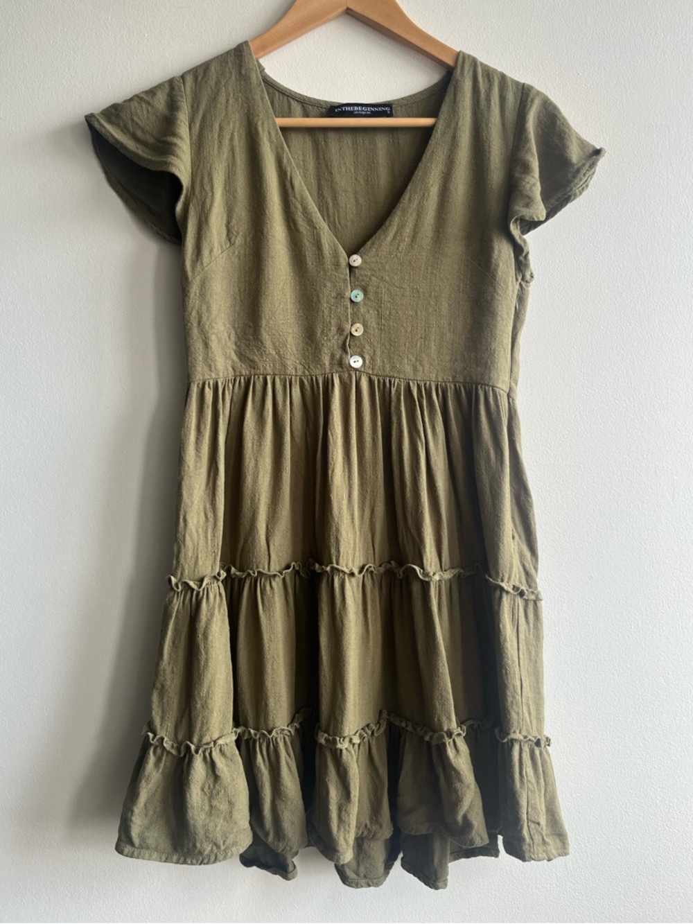 Olive Green Tiered V-Neck Button Front Forest Fairy Core Dress Women SZ Small